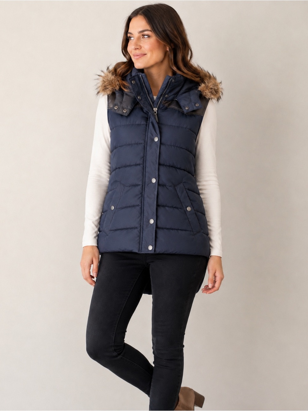 Navy Faux Fur Hooded Quilted Puffer Vest Utility Winter Puff Vest